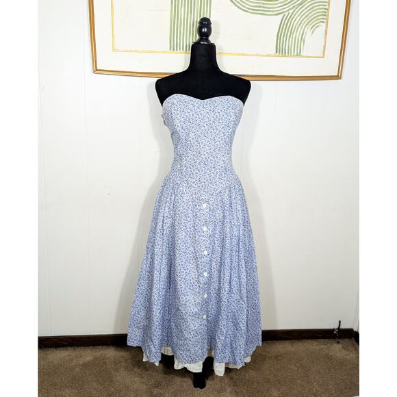 Vintage Jackets & Blazers - VINTAGE 80s/90s Katie Blue Floral Corset Midi Dress Women's 10